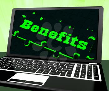 Benefits On Laptop Showing Monetary Compensations And Rewards