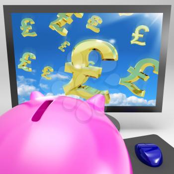 Pound Symbols Flying On Monitor Showing Britain Wealth And Growth