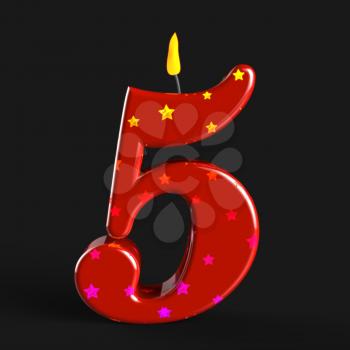 Number Five Candle Showing Cake Decoration Or Birthday Cake