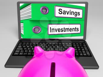 Savings And Investments Files On Laptop Showing Finances And Wealth