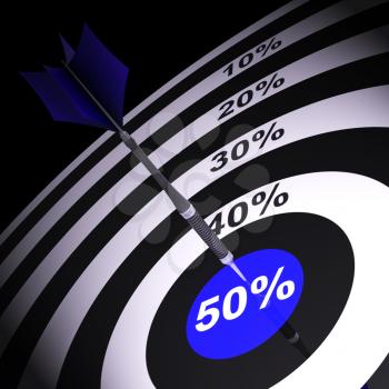 50Percent On Dartboard Showing Money Savings Or Price Reductions