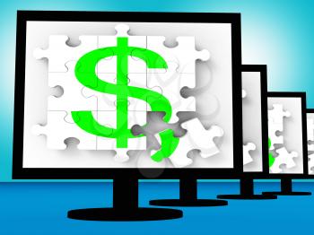 Dollar Symbol On Monitors Shows American Currency Or Revenue