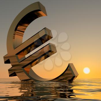 Euro Sinking And Sunset Showing Depression Recession And Economic Downturns 