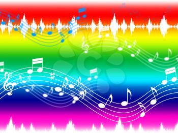 Rainbow Music Background Showing Musical Piece And Instruments

