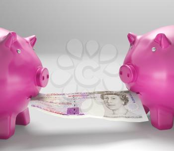 Piggybanks Eating Money Shows Shared Savings Or Family Budget