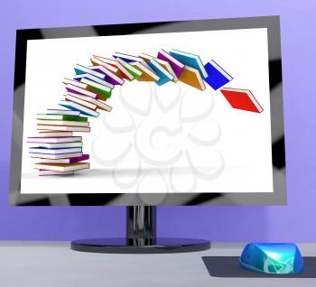Stack Of Books Falling On Computer Showing Online Learning