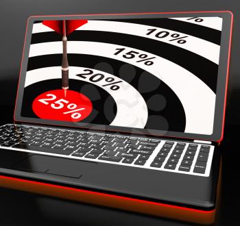 25 Percent On Laptop Shows Promotional Prices And Sales
