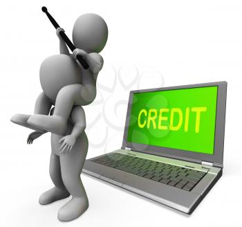Credit Laptop Characters Showing Borrowers Or Loans For Buying
