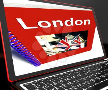 London Book On Laptop Shows Britain Guide Or City Tour