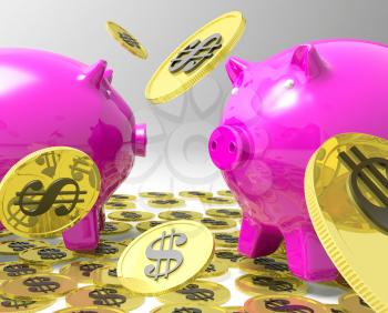 Raining Coins On Piggybanks Shows American Profit Or Incomes