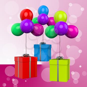 Balloons With Presents Showing Colourful Balloons And Presents