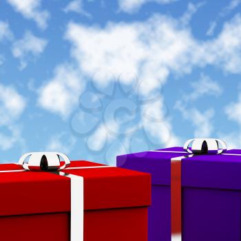 Red And Blue Gift Boxes With Sky Background As Present For Him And Her