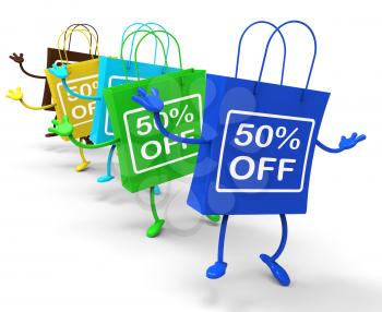 fifty Percent Off On Colored Shopping Bags Showing Bargains