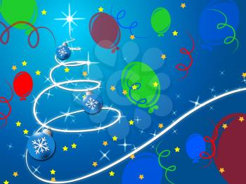 Blue Christmas Tree Background Showing December Holidays And Balloons
