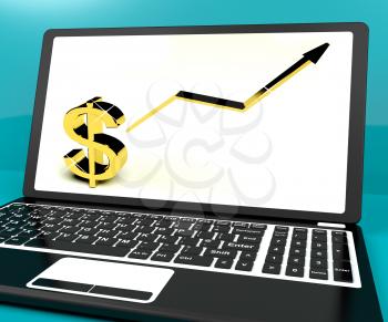 Dollar Sign And Up Arrow On Computer Shows Earnings Or Profit