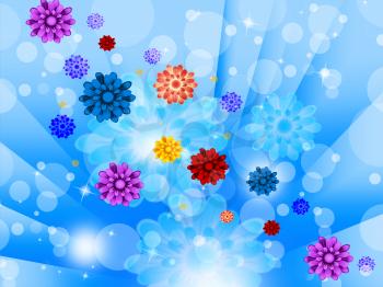 Blue Flowers Background Showing Glow Beams Bubbles And Pretty
