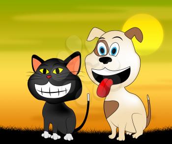 Happy Pets Showing Domestic Cat And Dog