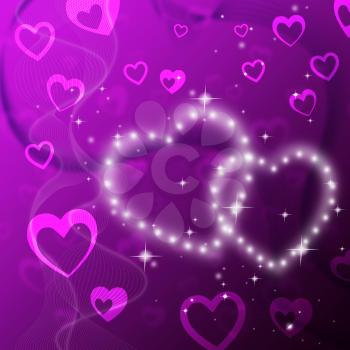 Purple Hearts Background Showing Romantic Fond And Glittering
