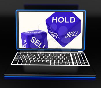 Sell And Hold Dices On Laptop Showing Strategies And Trading