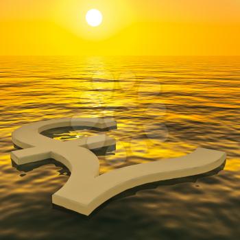 Pound Floating And Sunset Showing Money Wealth Or Earning