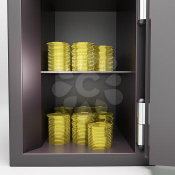 Open Safe With Coins Showing Banking Security Or Safe Investment