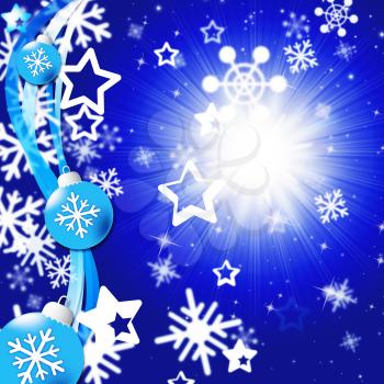 Blue Snowflakes Background Showing Bright Sun And Snowing
