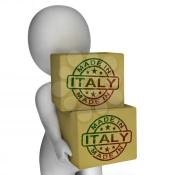 Made In Italy Stamp On Boxes Showing Italian Products