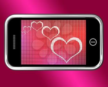 Hearts On Mobile Phone Showing Love And Online Dating