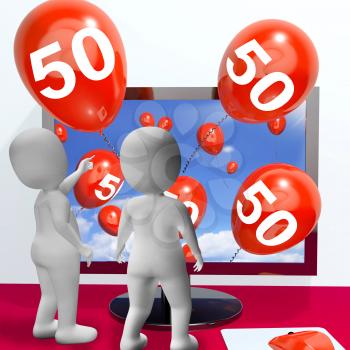 Number 50 Balloons from Monitor Showing Online Invitation or Celebration