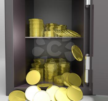 Open Safe With Coins Showing Treasure Protection Or Safety