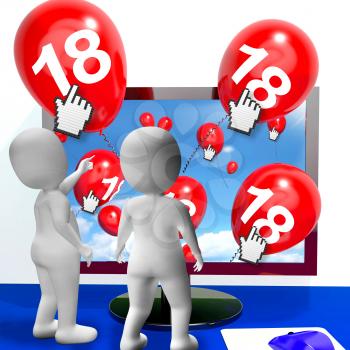 Number 18 Balloons from Monitor Showing Internet Invitation or Celebration