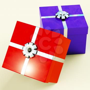 Red And Blue Gift Boxes  As Present For Him And Her
