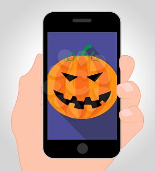 Halloween Pumpkin On Phone Indicates Trick Or Treat Online