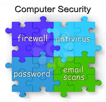 Computer Security Puzzle Shows Firewall, Antivirus, Password And Email Scans