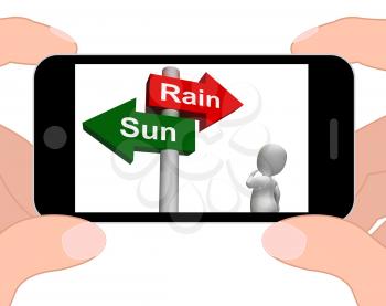 Sun Rain Signpost Displaying Weather Forecast Sunny or Raining