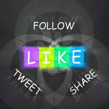 Social Media Communication Displaying Follow Share Like and Tweet