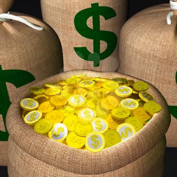 Bags Of Coins Shows American Wealth And Profits