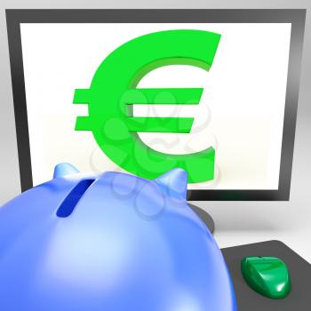 Euro Symbol On Monitor Shows European Fortune Or Wealth