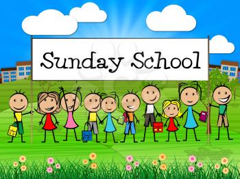 Sunday School Banner Indicating Pray Spiritual And Kids