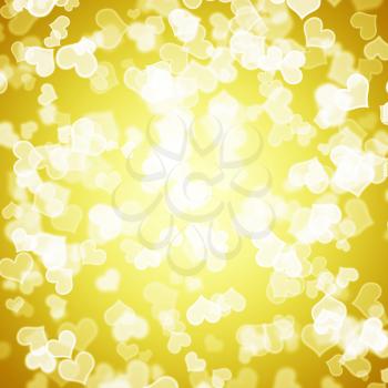 Yellow Hearts Bokeh Sparkling Background Showing Love Romance And Valentines