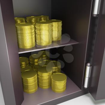Open Safe With Coins Shows Safety Savings Or vault