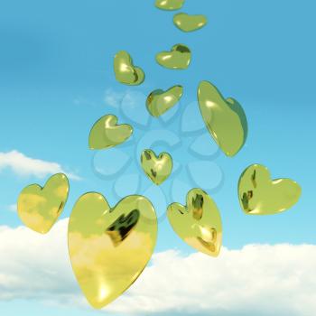 Metallic Gold Hearts Falling From The Sky Shows Love And Romance