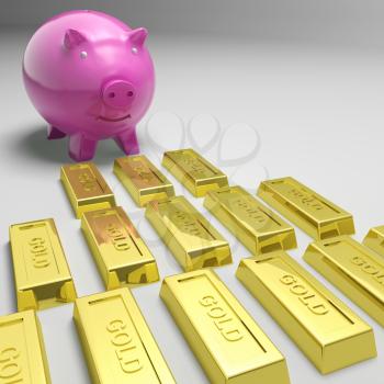 Piggybank Looking At Gold Bars Showing Gold Reserves Or Savings