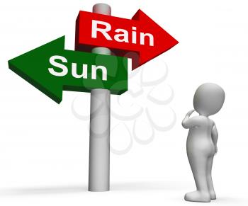 Sun Rain Signpost Showing Weather Forecast Sunny or Raining