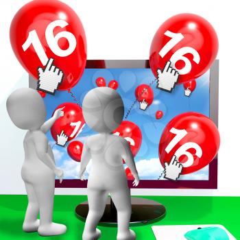 Number 16 Balloons from Monitor Showing Internet Invitation or Celebration