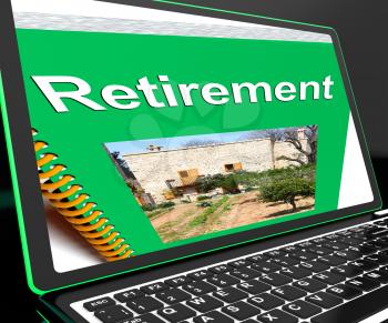 Retirement Book On Laptop Showing Pension Plans And Elderly Advices