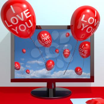 I Love You Balloons Coming From Computer Screen Showing Love And Online Dating