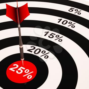 25 Percent On Dartboard Shows Selected Discounts And Price Sales