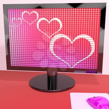 Hearts On Computer Screen Show Love And Online Dating