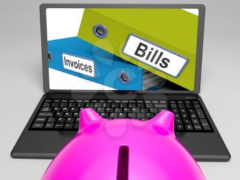 Bills And Invoices Files On Laptop Shows Finances Or Payments